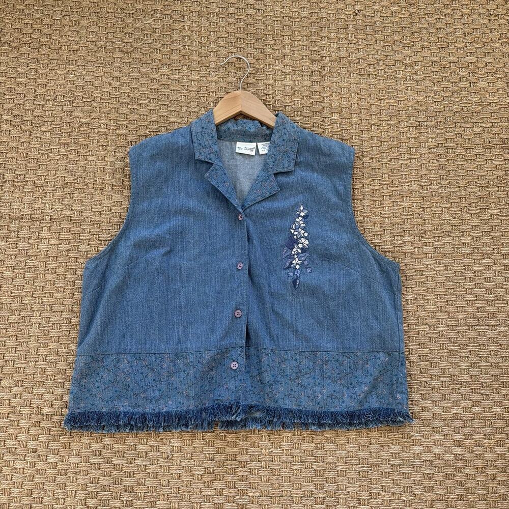 NWOT Vintage Two Twenty Denim Sleeveless Floral Fringe Button Top Women’s Sz XLG - Picture 7 of 10
